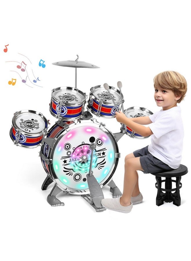 Toddler Drum Kit Kids Toy Jazz Drum Set 6 Drums With Stool Mini Band Rock Set Musical Instruments Toy Birthday Gift For Beginners Boys Girls Blue(With Led Light)