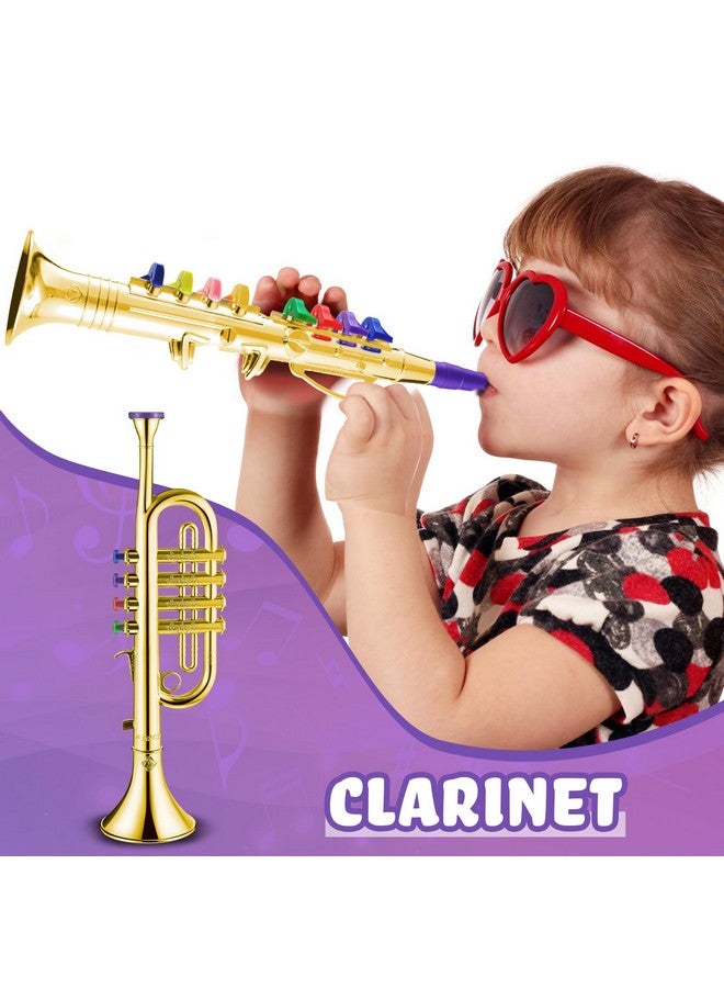 Set Of 2 Musical Instruments Including Toy Clarinet And Toy Saxophone Plastic Saxophone Toy Clarinet With 8 Colored Keys For Home School Teaching Songs Music Gift Gold Finish