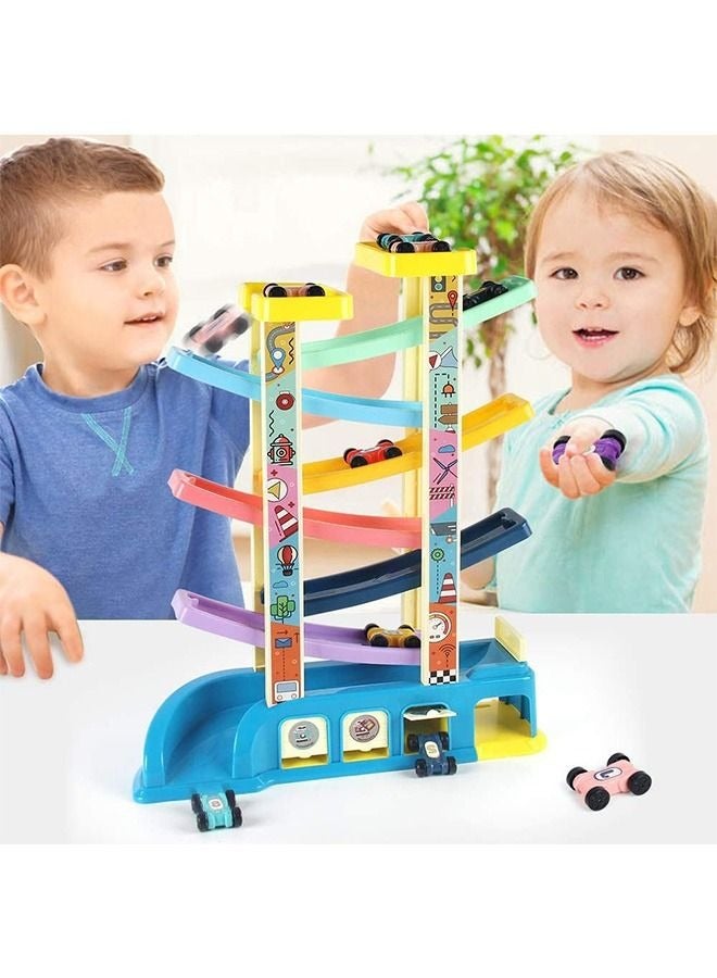 Gliding Car Toy Toddler Toys Car Ramp Toy Race Track Car Gifts Zig Zag Car Slide with 6 Ramps 8 Mini Cars- Racing Car Toys for Kids Boys Girls 3 4 5 6
