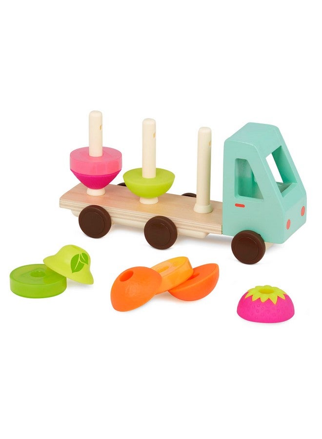 Stack & Roll Fruit Truck Sort & Stack Toy Wooden Truck & 9 Stackable Fruit Pieces Orange Pear Strawberry Slices Learning Toys For Toddlers Kids 18 Months +