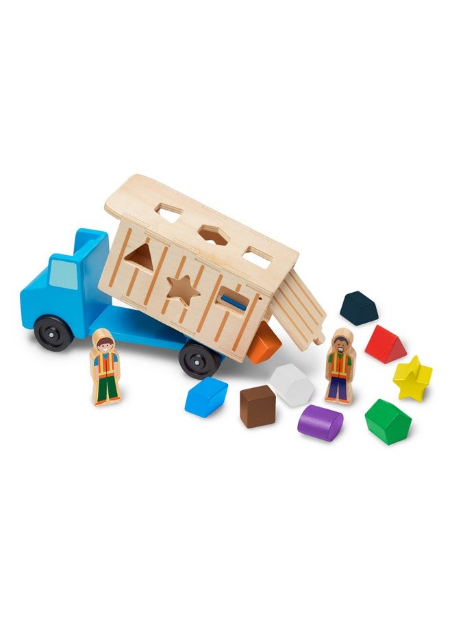 Shapesorting Wooden Dump Truck Toy With 9 Colorful Shapes And 2 Play Figures Vehicle Shape Sorter Toys For Toddlers Ages 2+