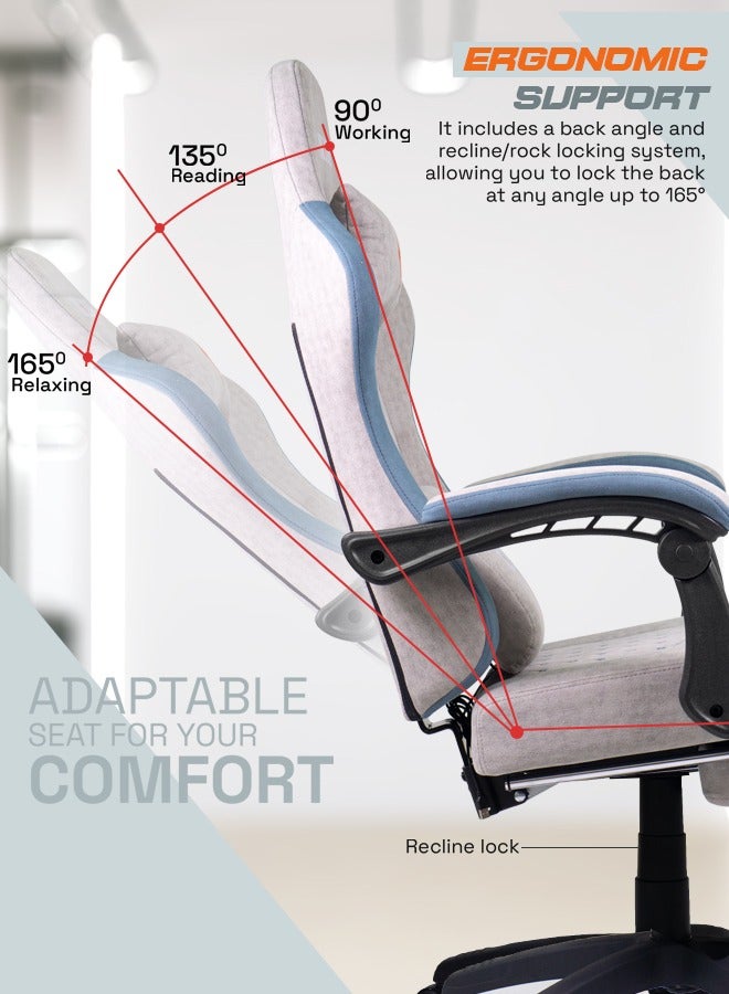 Throne Ergonomic Gaming Chair, Video Game Chair with Linkage Armrest, Footrest & Adjustable Seat Computer Chair with Fabric, Head & Massager Lumbar Pillow Home & Office Chair with Recline Grey