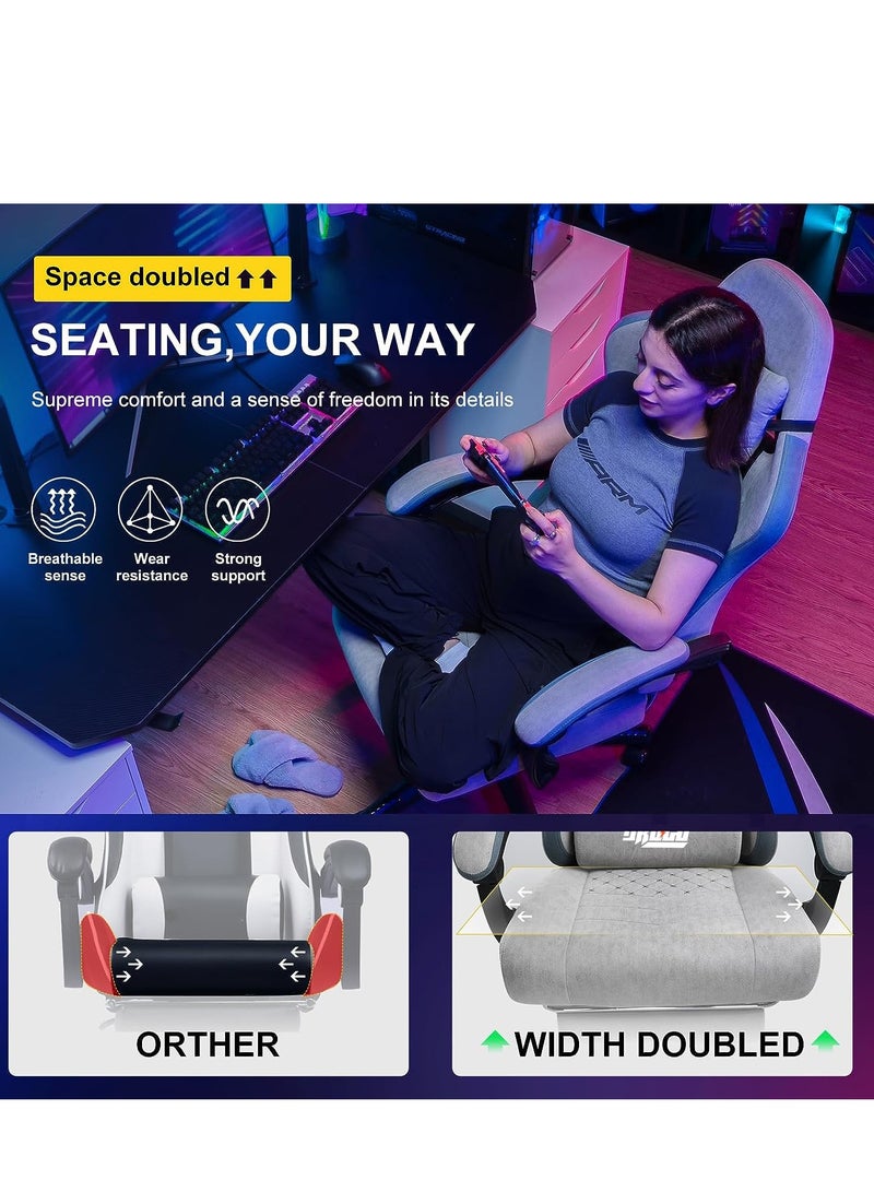 Throne Ergonomic Gaming Chair, Video Game Chair with Linkage Armrest, Footrest & Adjustable Seat Computer Chair with Fabric, Head & Massager Lumbar Pillow Home & Office Chair with Recline Grey