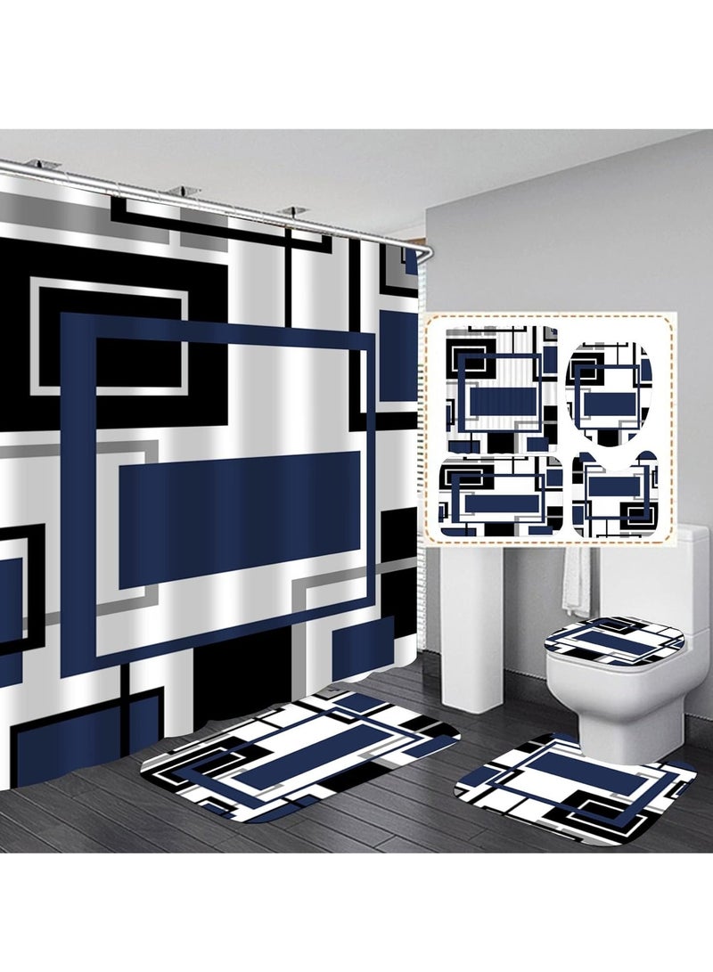 Shower Curtain Sets 4 Pcs Blue Geometric Shower Curtain Sets with 12 Hooks Non-Slip Rugs U-Shaped Bath Mat Toilet Cover Abstract Geometric Modern Black and Blue Bathroom Set
