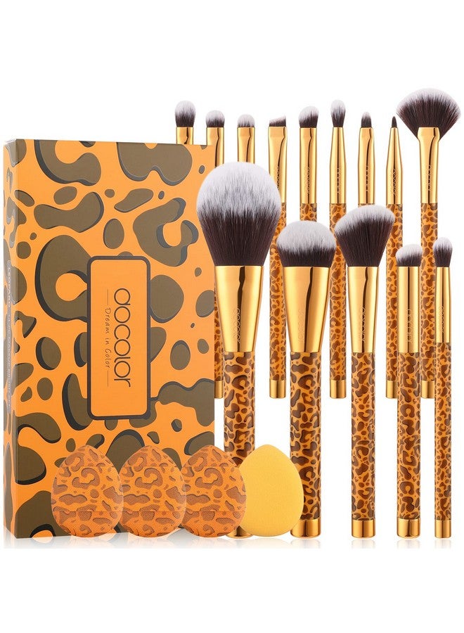 Makeup Brushes 14Pcs Leopard Makeup Brush Set With 4Pcs Makeup Puffs Premium Synthetic Powder Foundation Contour Blush Concealer Eye Shadow Blending Make Up Brush Kit