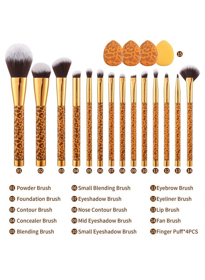 Makeup Brushes 14Pcs Leopard Makeup Brush Set With 4Pcs Makeup Puffs Premium Synthetic Powder Foundation Contour Blush Concealer Eye Shadow Blending Make Up Brush Kit