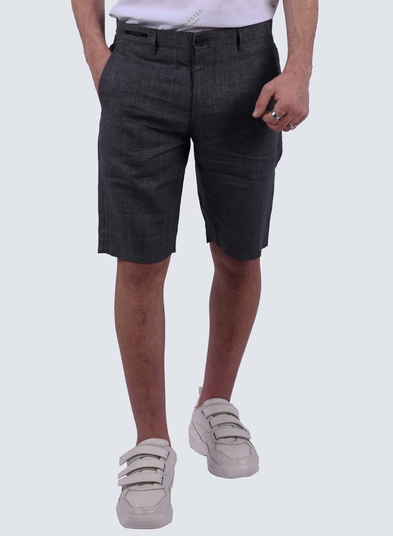 Men's Checkered Stretchy Flat Front Short in Ebony Grey