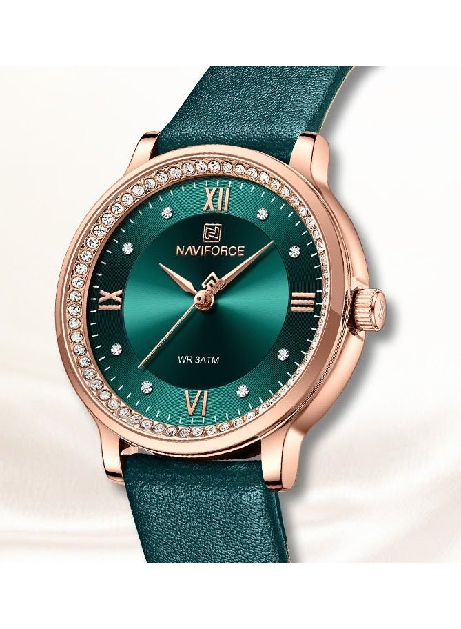 NAVIFORCE NF5036 Women Watch Ladies Casual Quartz Waterproof Leather Bracelet Wristwatch (Rosegold/Green)