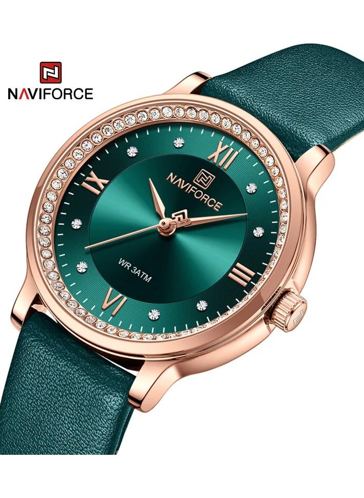 NAVIFORCE NF5036 Women Watch Ladies Casual Quartz Waterproof Leather Bracelet Wristwatch (Rosegold/Green)