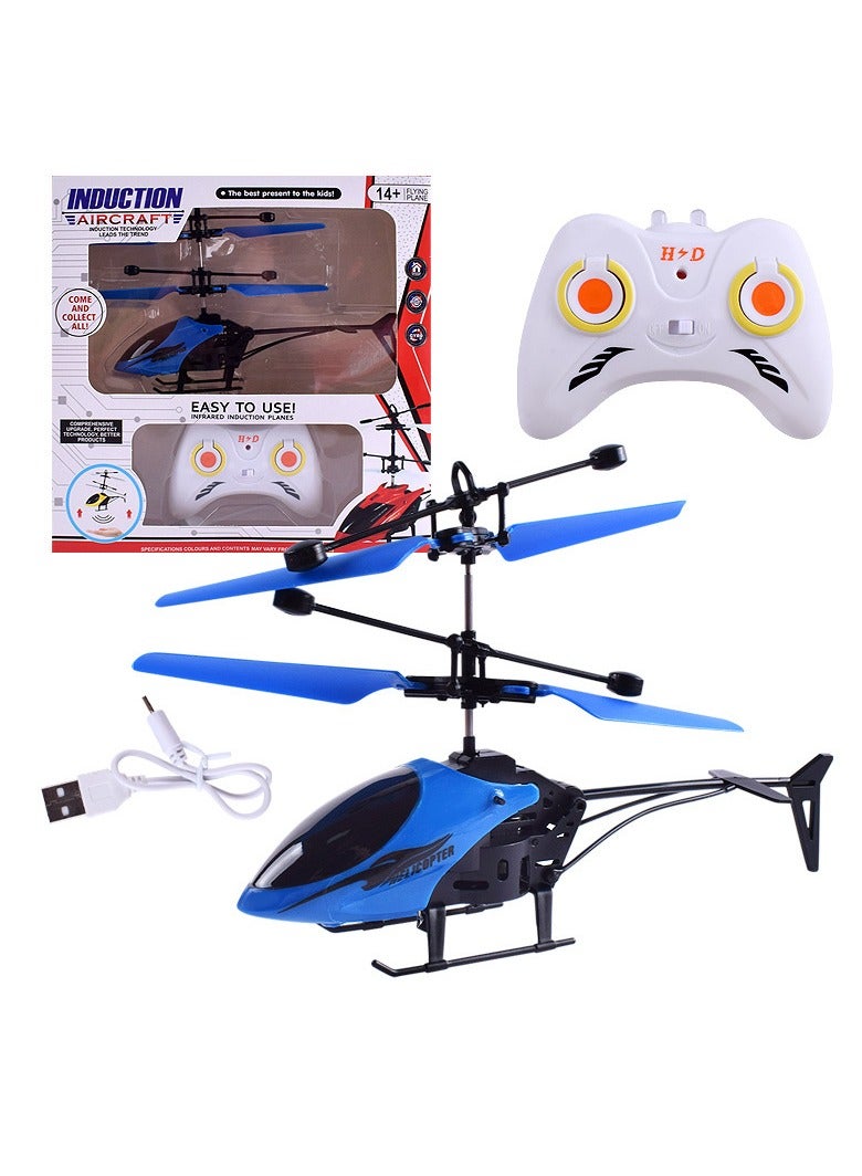 Rc Helicopter, Toy Helicopter With Sensor And Remote Control, Safe Fall-resistant Rechargeable Mini Rc Drone Helicopter For Children, (Blue)