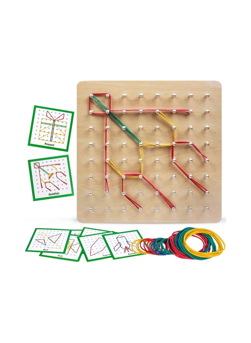 Wooden Puzzle Matrix, Math Manipulative Material, Graphical Educational Toys with Pattern Cards and Rubber Bands Shape, for 3 4 5 Year Old Kids, STEM Puzzle Matrix 8x8 Brain Teaser Toys