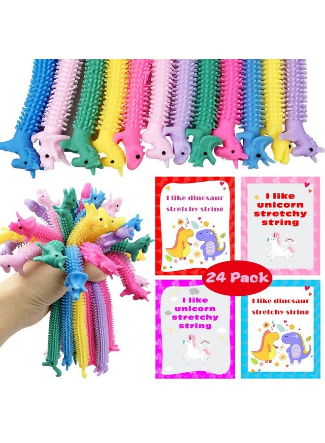 24 Pack Valentines Cards With Uinocrn Dinosaur Stretchy String Toys For Kids School Class Classroom Valentines Day Gifts Prizes Party Favors
