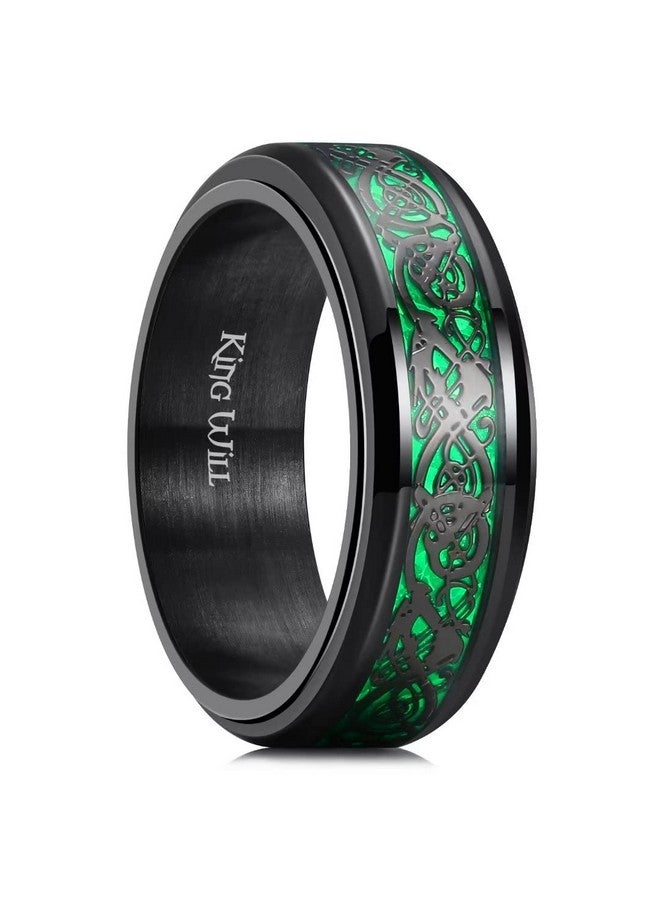 Mens Spinner 8Mm Stainless Steel Ring Anxiety Fidget Ring Black Celtic Dragon Green Carbon Fiber Inlay Fidget Wedding Ring 11