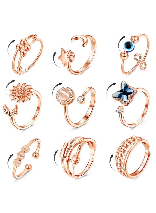 9 Pcs Fidget Anxiety Rings For Women Men Spinner Rings For Anxiety Relieving Stress Open Cz Flower Moon Star Anti Rotatable Rings Adjustable Rose Goldtone