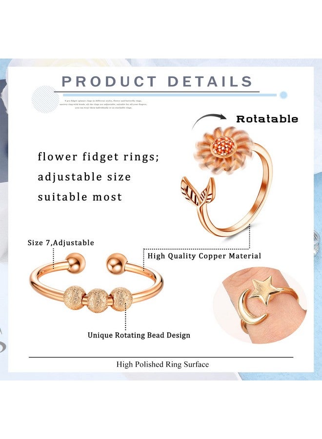 9 Pcs Fidget Anxiety Rings For Women Men Spinner Rings For Anxiety Relieving Stress Open Cz Flower Moon Star Anti Rotatable Rings Adjustable Rose Goldtone