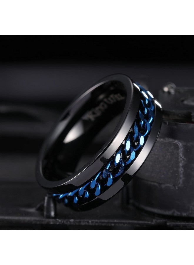 8Mm Black Blue Spinner Ring Stainless Steel Fidget Ring Anxiety Ring For Men(12)