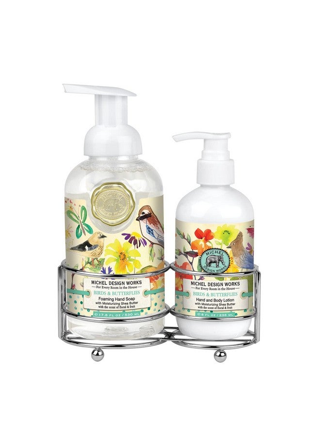 Handcare Caddy Birds & Butterflies Design And Scent With 17.8Oz Foaming Hand Soap And 8Oz Rich Hand Loation Beautiful Containers With Pumps