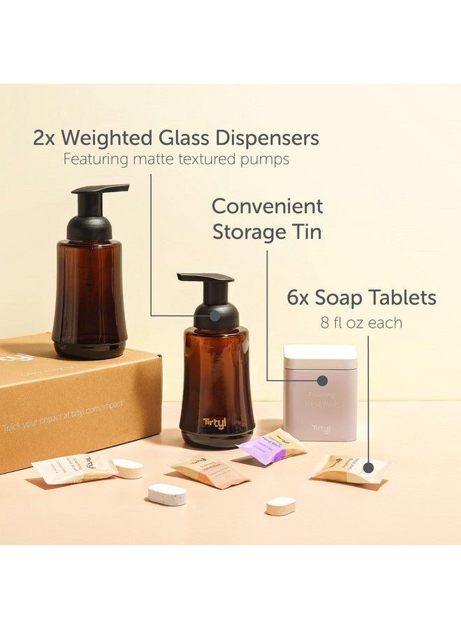Hand Soap Duo Kit 2 Amber Glass Foaming Dispensers + Storage Tin + 6 Tablet Refills (48 Fl Oz Total 6X 8 Fl Oz) New Formula Compostable Packaging Variety Fragrances