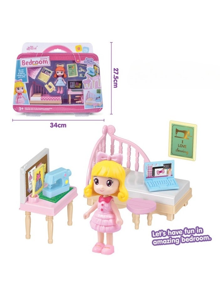 Mini House Furniture Set, durable plastic dollhouse furniture set, role-playing parent-child interactive game, Miniature Doll House Accessories for children, (6303A small bedroom)