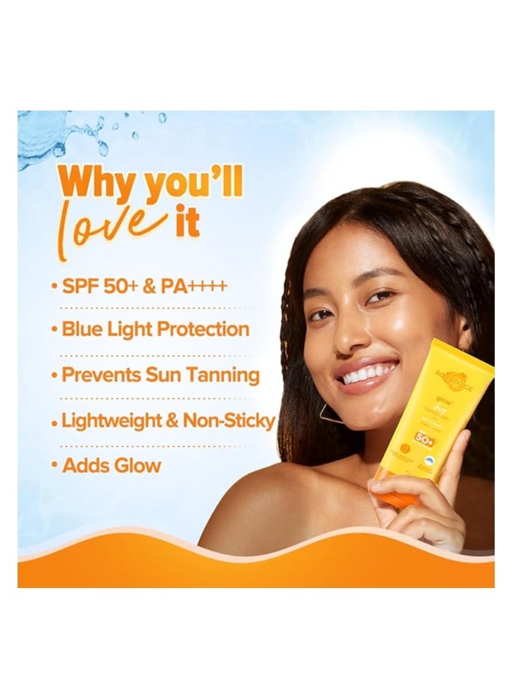 Glow+ Dewy Lightweight & Hydrating Sunscreen with SPF 50+ & PA++++ for UVA/B & Blue Light Protection & No White Cast for Men & Women -Oily, Combination & Glowing Skin -80g
