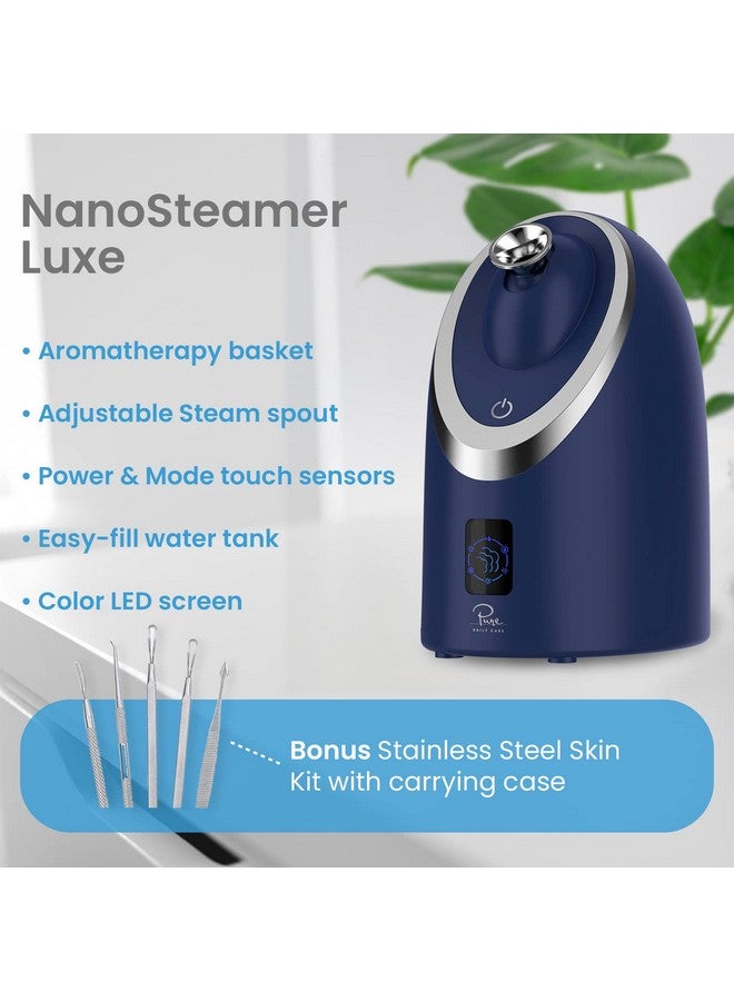 Nanosteamer Luxe By Pure Daily Care In Navy Ionic Facial Steamer With Smart Steam Technology 6 Steam Modes Aromatherapy Basket Digital Lcd Screen Hot Steam & Cool Mist L Extraction Set