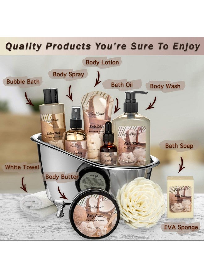 Spa Gift Baskets For Women Luxury Bath Set With Coconut & Vanilla Spa Kit Includes Body Wash Bubble Bath Lotion Body Butter Soap Body Spray Shower Puff And Towel