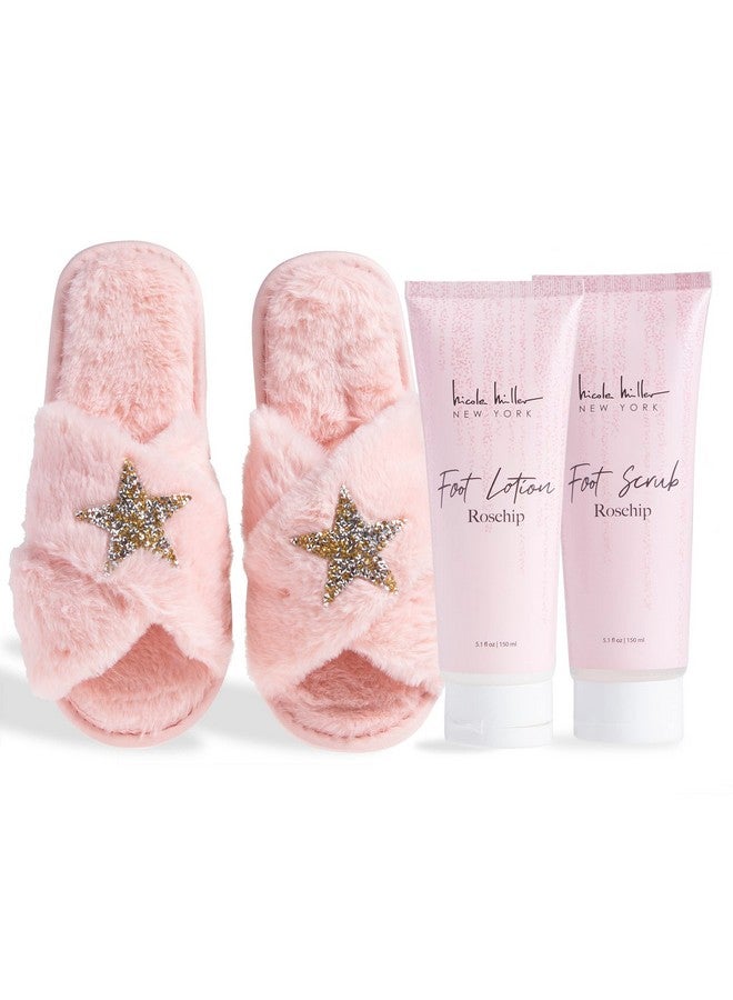 Bath And Body Gift Set With Slippers Foot Scrub And Lotion (Rosehip)