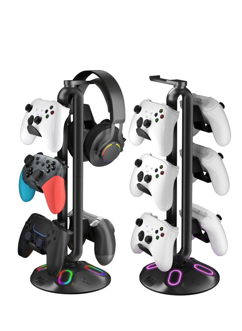 RGB Headphone Controller Stand with HUB, 9 Light Modes Gaming Headset Holder for Desk, Controller Headphone Holder with USB*2+Type-C+3.5mm - Charging & Data for Gaming Setup Gamer Accessories(Black)