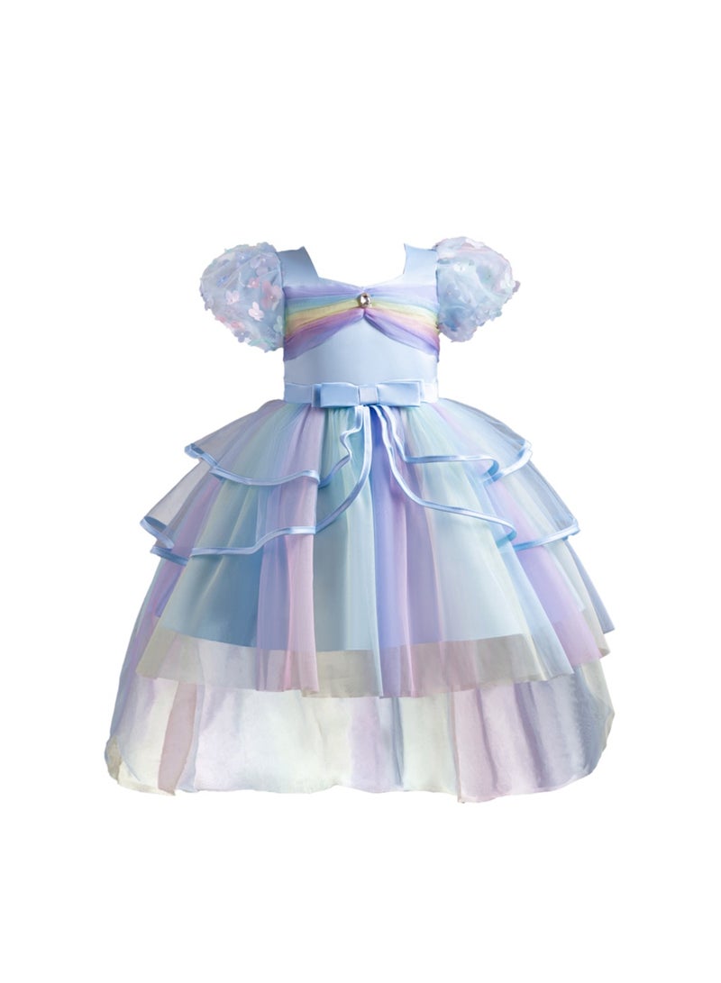 New Girls Rainbow Mesh Tail Cake Princess Gown Dresses