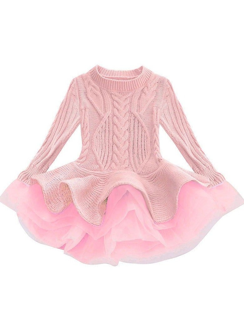 Girls Knit Long Sleeve Princess Organza Sweater Dress