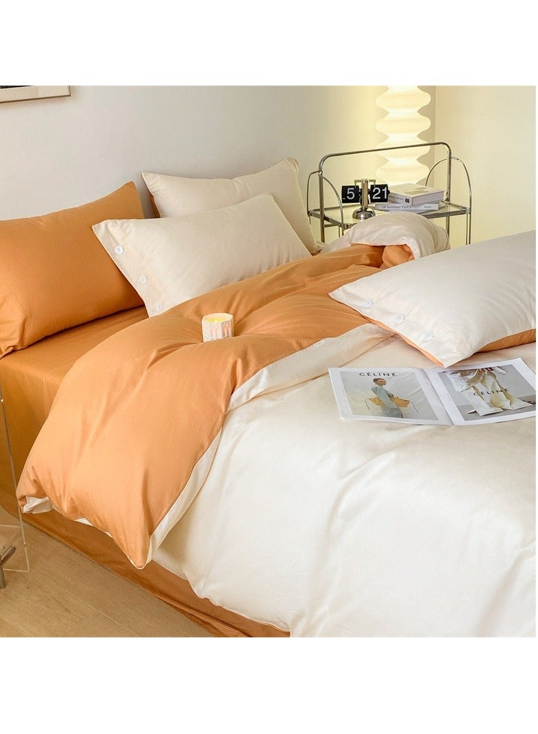 Bed Cover Set, Soft Luxurious Pure Bedsheet Set, Long-staple Cotton Simple Solid Color Bed Sheet Quilt Cover Bedding Twill Cotton Set,(Milkshake White + Pumpkin Orange,1.2m Bed Sheet Three-piece Set)