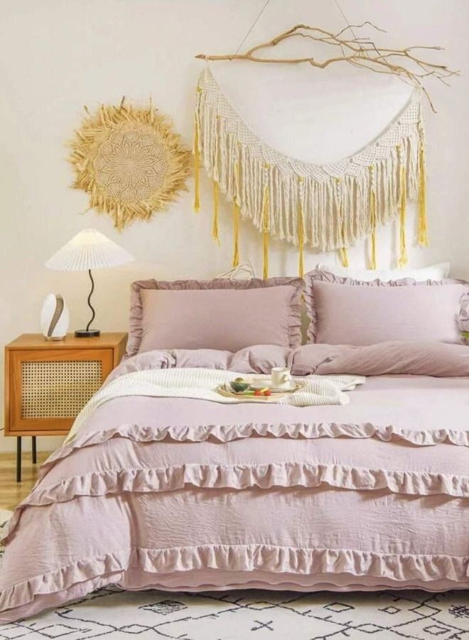 King Size 6 Pieces Old Pink Boho Duvet Cover Set, Washable Cotton Bedding Set, Plain Color with Ruffle Décor.