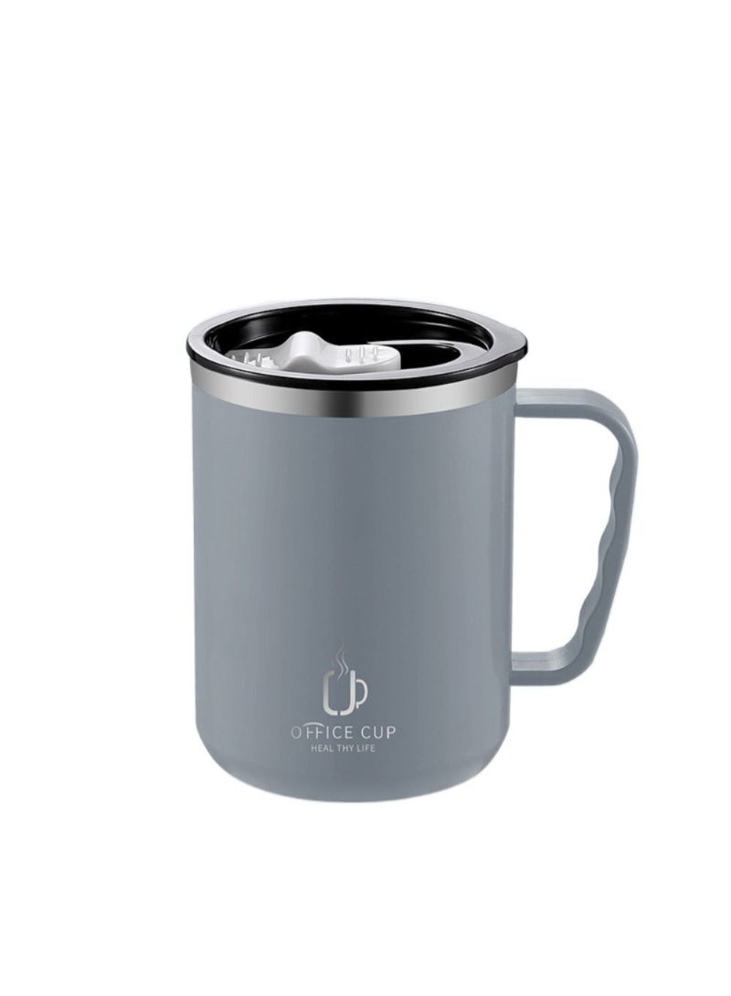 Stainless Steel Double Layers Coffee Mug Milk Cup With Plastic Lid And Handle 500ml Grey