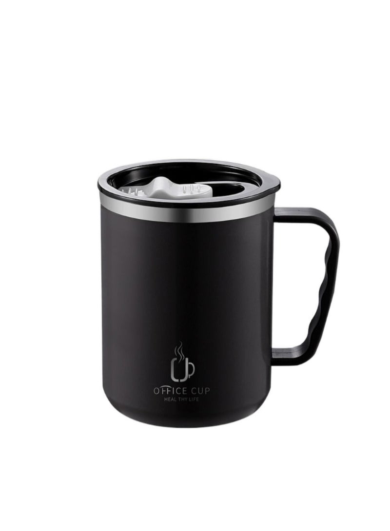 Stainless Steel Double Layers Coffee Mug Milk Cup With Plastic Lid And Handle 500ml Black