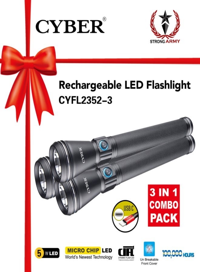 3 in 1 Rechargeable LED Flashlight With USB-C CYFL2352-3 Black