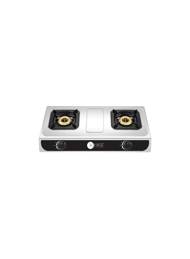 AFRA Two Burner Gas Stove, Two Burners, Battery Powered Ignition, Stainless Steel, Double Injection, G-MARK, ESMA, ROHS, and CB Certified, AF-0002GSSS, 2 years warranty AF-0002GSSS Silver