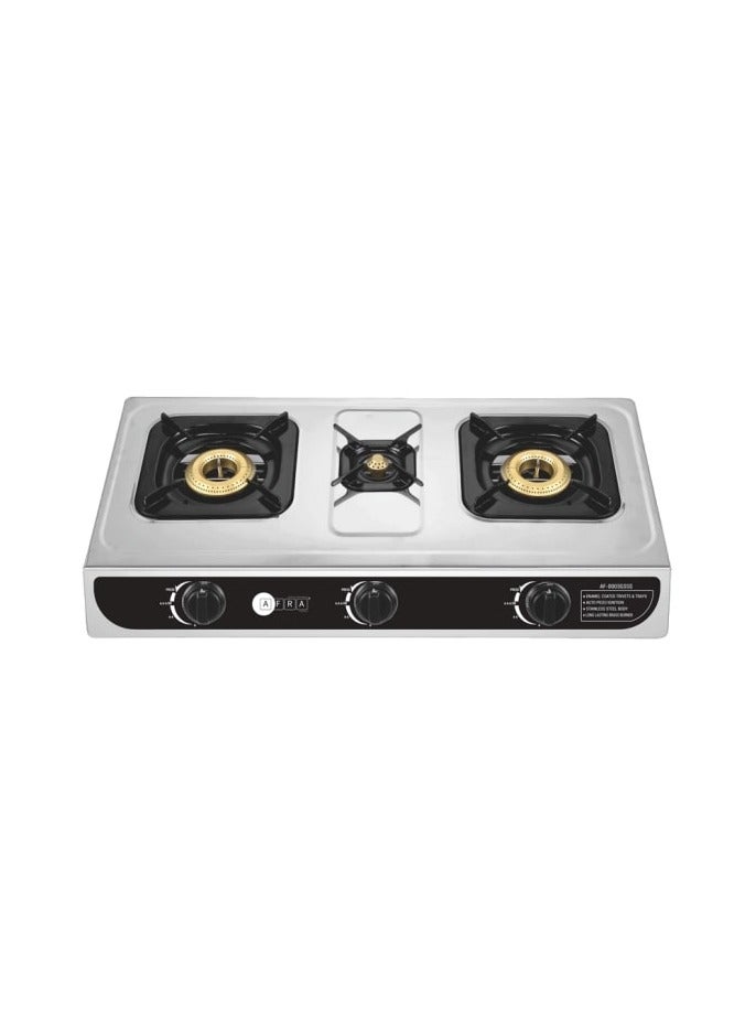 AFRA Three Burner Gas Stove, Auto Ignition, Full safety, Stainless Steel, Double Injection, G-MARK, ESMA, ROHS, and CB Certified, AF-0003GSSS, 2 years warranty AF-0003GSSS Silver