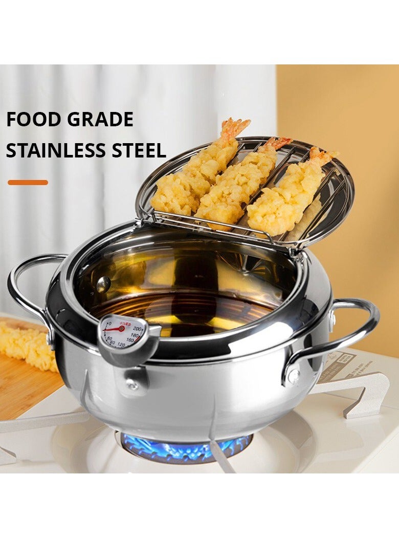 Tempura Deep Fryer, Stainless Steel Tempura Fry Pot With A Thermometer And Oil Drip Rack Lid, Small Oil Saving Drip Drainer Pan For Household, (2.2L)