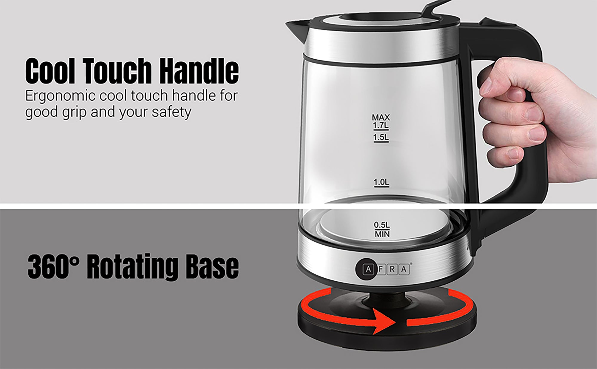 Electric Kettle | 1.7L | 2200W | 360° Cordless | Overheat Protection | Auto Shut-Off | Detachable Base | 2-Year Warranty 1.7 L 2200 W AF-171850KTGS Silver