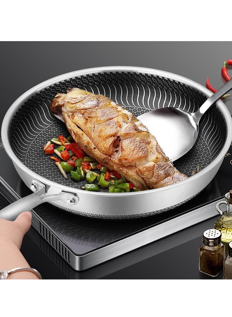 Stainless Steel Frying Pan, Whole Body Tri-ply Frying Pan, Scratch-resistant Non Stick  Double-sided Honeycomb Skillet Pan For All Stove, (32cm)