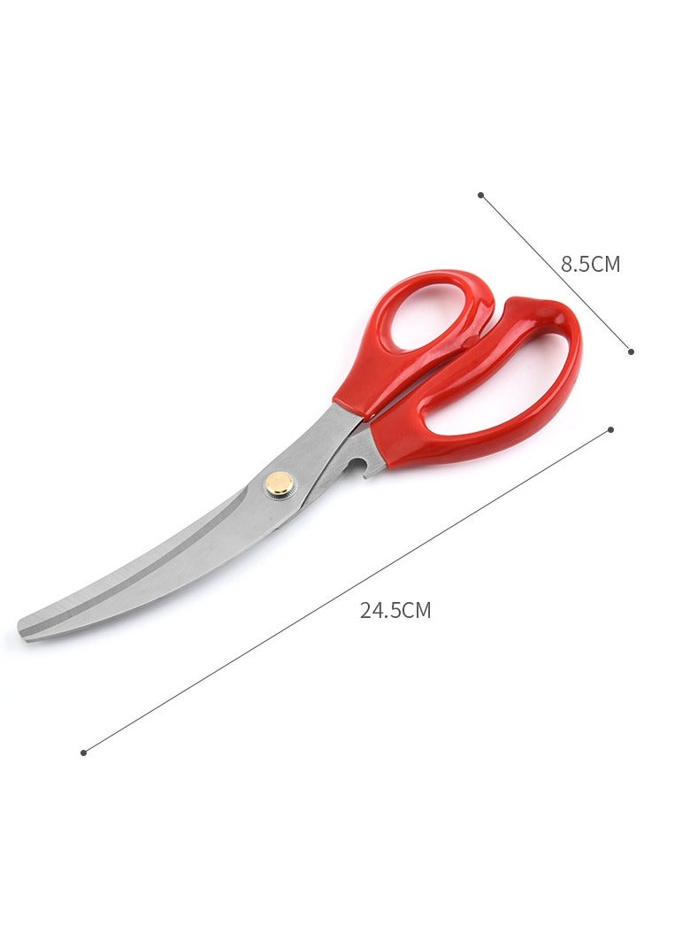 Kitchen Scissors, Heavy Duty All Purpose Kitchen Shears, Korean Stainless Steel Curved Blade Barbecue Scissors, Steak Scissors  For Chicken Food Meat And Cooking, ( Red )