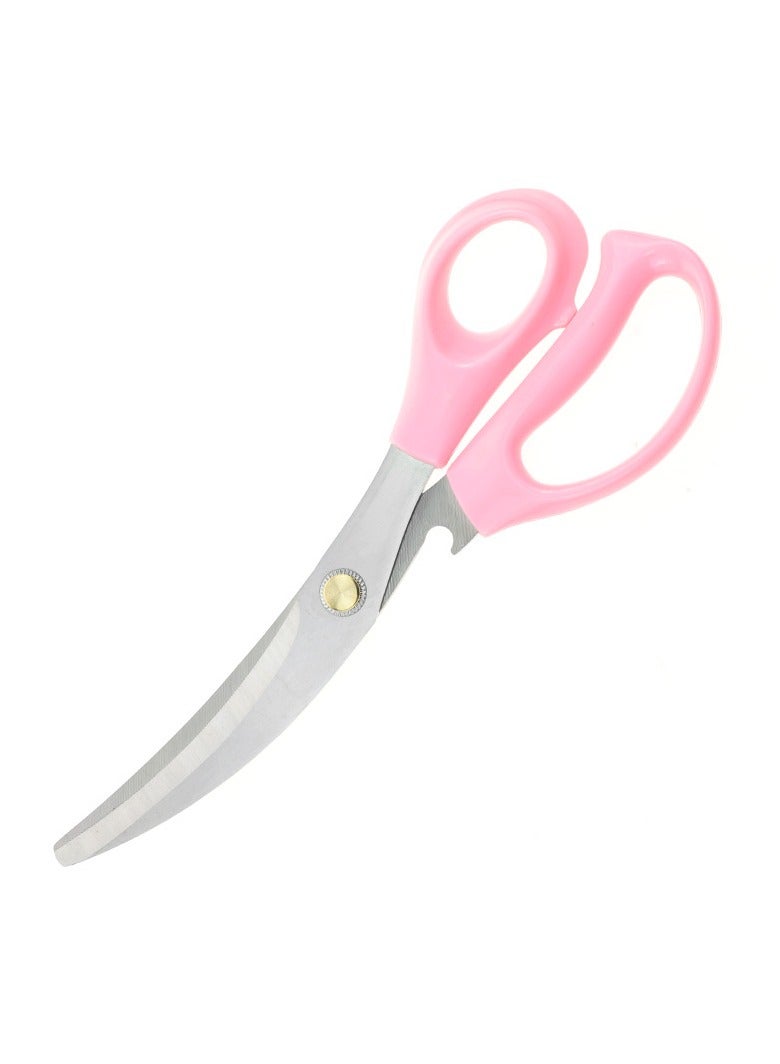 Kitchen Scissors, Heavy Duty All Purpose Kitchen Shears, Korean Stainless Steel Curved Blade Barbecue Scissors, Steak Scissors  For Chicken Food Meat And Cooking, ( Pink )