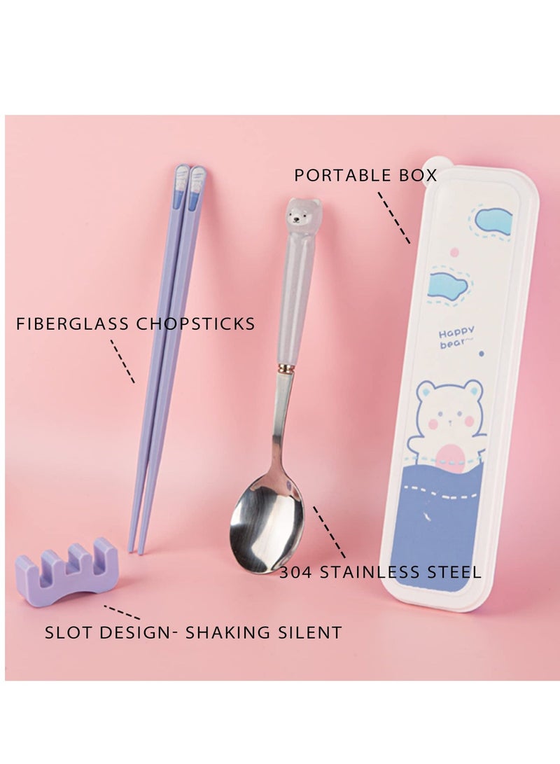 Travel Utensils, Cutlery Set Portable Travel Camp School Reusable Flatware Dishwasher Safe, Include Stainless Steel Spoon & Fiberglass with Case,Gift Set, Cute Blue Bear
