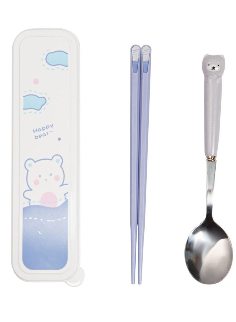 Travel Utensils, Cutlery Set Portable Travel Camp School Reusable Flatware Dishwasher Safe, Include Stainless Steel Spoon & Fiberglass with Case,Gift Set, Cute Blue Bear