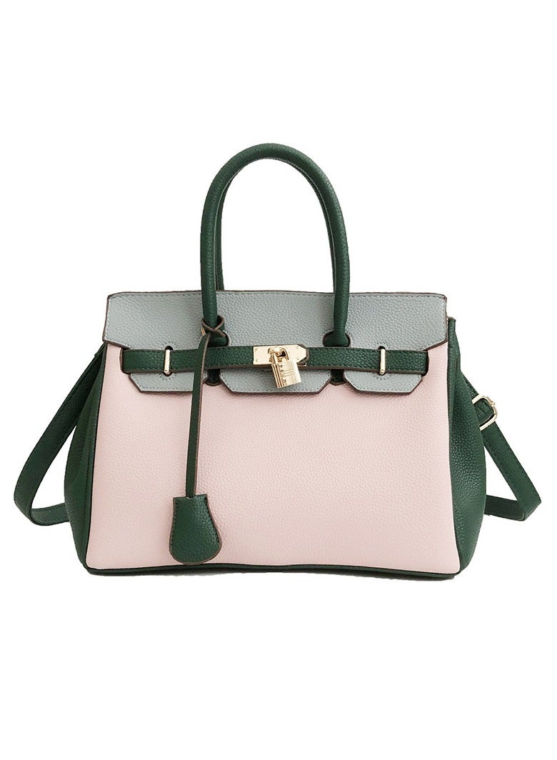 Leather Handbag Pink/Green/Grey