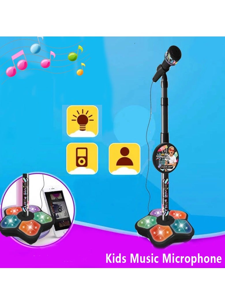 Kids Microphone with Stand, Singing Toy with Adjustable Height, Karaoke Song Music Instrument Toys, Sturdy and Durable Kids Singing Playsets with Light for Birthday Holiday Gift, (Black)