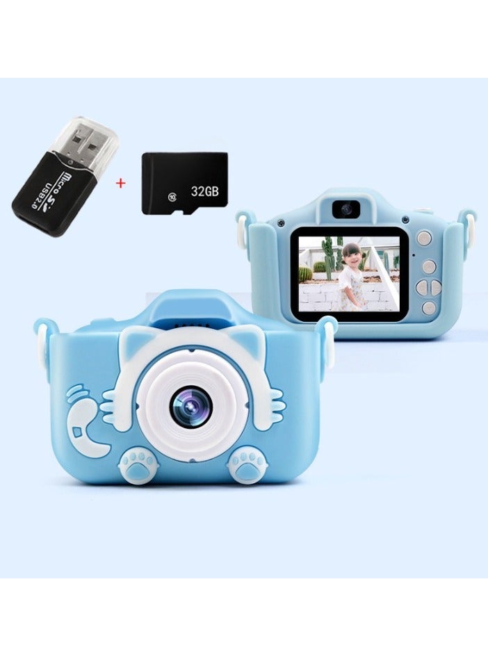 Children's Camera Toy, HD 1080p Shockproof Children Video Camera, Anti-fall Portable Camera Toy, Multiple Functions Digital Camera,(Old cat set blue dual lens + 32G full capacity card + card reader)
