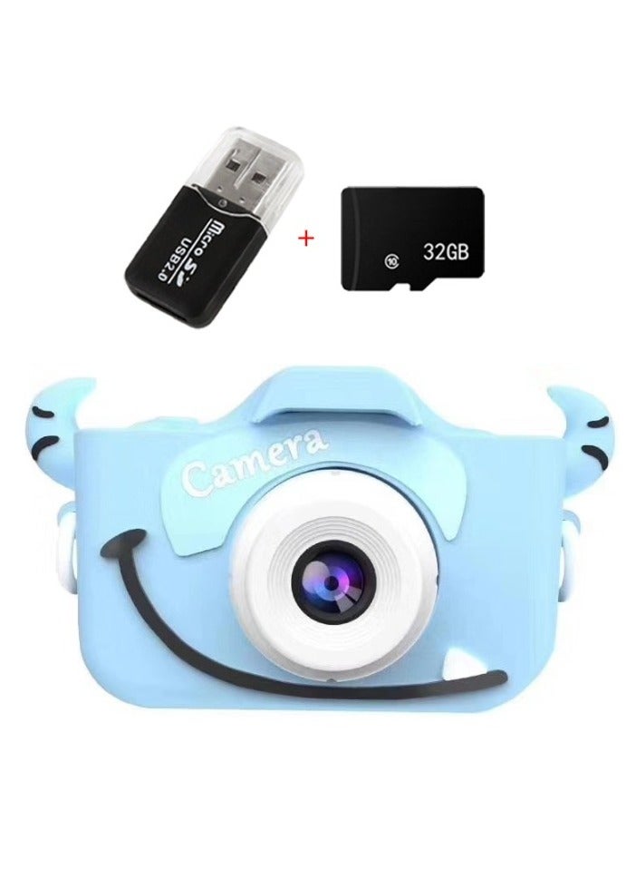 Children's Camera Toy, HD 1080p Shockproof Children Video Camera, Anti-fall Portable Camera Toy, Multiple Functions Digital Camera,(Cute Cow Set Blue Dual Lens + 32G Capacity Card + Card Reader)