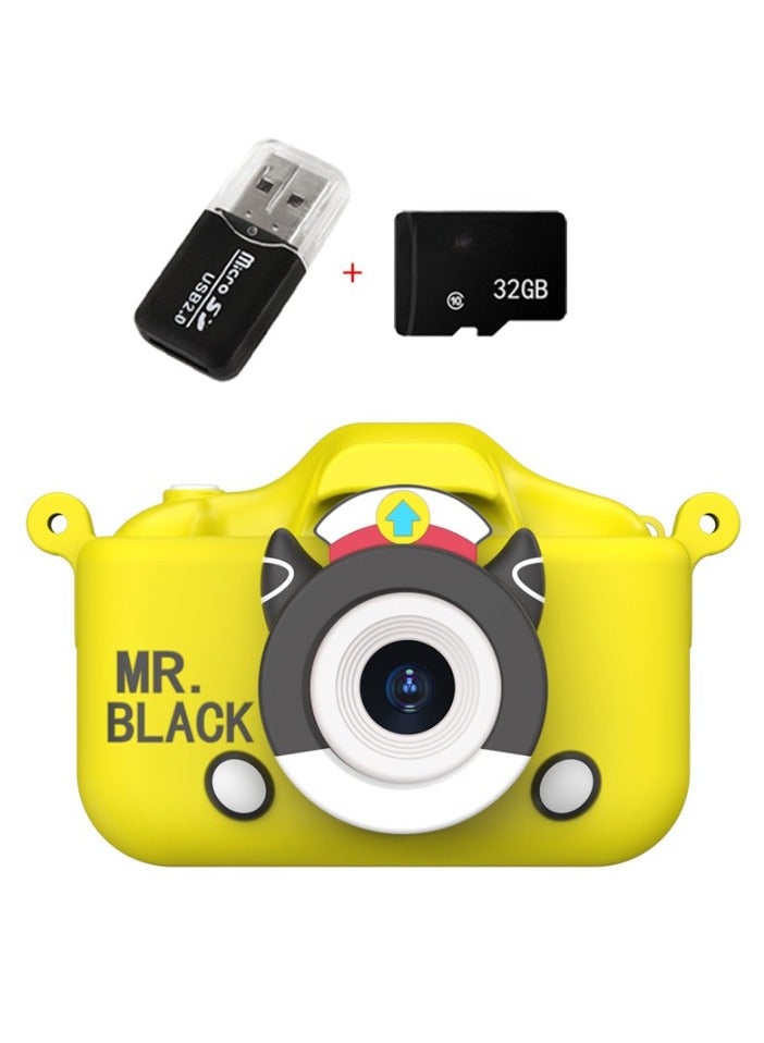 Children's Camera Toy, 1080p Shockproof Children Video Camera, Anti-fall Portable Camera Toy, Multiple Functions Digital Camera,(Black Cat Sheriff Yellow Dual Lens + 32G Capacity Card + Card Reader)