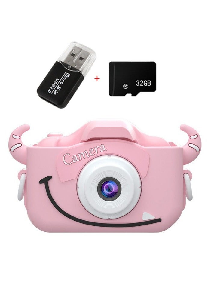 Children's Camera Toy, HD 1080p Shockproof Children Video Camera, Anti-fall Portable Camera Toy, Multiple Functions Digital Camera,(Cute Cow Set Pink Dual Lens + 32G Capacity Card + Card Reader)